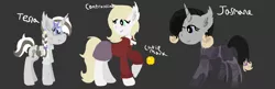 Size: 1024x333 | Tagged: safe, artist:arcticleapordfrost, derpibooru import, oc, oc:controlina, oc:jasmane shadow, oc:tesla, unofficial characters only, earth pony, pony, unicorn, armor, bandaid, black background, cardigan, clothes, cute, female, glasses, mare, pen, pencil, pouch, scar, simple background, skirt