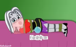 Size: 1131x707 | Tagged: safe, artist:robukun, derpibooru import, zecora, equestria girls, bed, bondage, bound and gagged, cloth gag, equestria girls-ified, fortune teller, gag, on bed, rope, solo, tied up