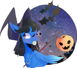 Size: 4762x4231 | Tagged: safe, artist:emily-826, derpibooru import, oc, oc:sonica, unofficial characters only, bat, pegasus, pony, absurd resolution, candy, female, food, hat, lollipop, mare, mouth hold, night, one eye closed, pumpkin bucket, simple background, solo, stars, transparent background, wink, witch hat, ych result