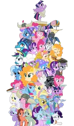 Size: 4134x7087 | Tagged: safe, artist:sonofaskywalker, derpibooru import, applejack, bow hothoof, doctor fauna, fluttershy, lily lace, maud pie, pear butter, pinkie pie, princess ember, princess flurry heart, rainbow dash, rarity, spike, star swirl the bearded, starlight glimmer, sweetie belle, trixie, twilight sparkle, twilight sparkle (alicorn), windy whistles, alicorn, dragon, earth pony, pegasus, pony, unicorn, a royal problem, it isn't the mane thing about you, once upon a zeppelin, season 7, secrets and pies, shadow play, the perfect pear, absurd resolution, alternate hairstyle, ballerina, dragon lord ember, female, graduation cap, hat, mane six, mare, pony pile, punk, raripunk, simple background, tower of pony, transparent background, tutu, twilarina, vector