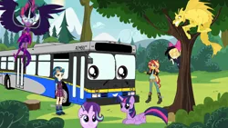 Size: 1024x577 | Tagged: safe, derpibooru import, adagio dazzle, indigo zap, sci-twi, songbird serenade, starlight glimmer, sunset shimmer, twilight sparkle, twilight sparkle (alicorn), oc, oc:dwayne the bus, alicorn, siren, equestria girls, my little pony: the movie, bus, forest, midnight sparkle, new flyer d40lf, self insert, talking vehicle