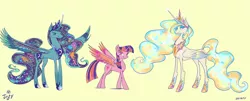 Size: 1858x754 | Tagged: safe, artist:jowybean, derpibooru import, princess celestia, princess luna, twilight sparkle, twilight sparkle (alicorn), alicorn, pony, alicorn triarchy, constellation, curved horn, cutie mark, female, horn, jewelry, regalia, simple background, smiling, spread wings, trio, wings, yellow background