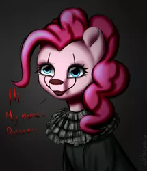 Size: 1913x2225 | Tagged: safe, artist:deltahedgehog, derpibooru import, pinkie pie, earth pony, pony, bust, clown, creepy, female, it, looking at you, mare, pennywise, pinkiewise, portrait, smiling