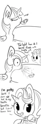 Size: 1650x4950 | Tagged: safe, artist:tjpones, derpibooru import, starlight glimmer, twilight sparkle, twilight sparkle (alicorn), alicorn, pony, unicorn, accidental innuendo, bait and switch, black and white, chest fluff, comic, cup, dialogue, drink, drinking, duo, ear fluff, food, friends with benefits, grayscale, health insurance, hoof hold, implied trixie, innocent innuendo, innuendo, misunderstanding, monochrome, onomatopoeia, simple background, spit take, tea, teacup, white background