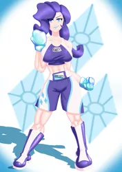 Size: 4961x7016 | Tagged: abs, absurd resolution, artist:ryujisama, boxer, boxing, boxing gloves, breasts, busty rarity, clothes, derpibooru import, female, human, humanized, midriff, muscles, rarity, ripped rarity, safe, shorts, solo, sports, sports bra
