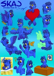 Size: 2893x4092 | Tagged: safe, artist:saxpony, derpibooru import, oc, oc:skaj, unofficial characters only, pegasus, pony, goodnight, heart, hug, laughing, male, plushie, pomf, sad, shrug, spread wings, stallion, sticker, telegram sticker, wingboner, wings