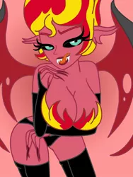 Size: 1084x1440 | Tagged: suggestive, artist:cbear624, derpibooru import, sunset shimmer, demon, equestria girls, big breasts, breasts, busty sunset satan, busty sunset shimmer, clothes, fangs, female, licking, licking lips, lingerie, looking at you, panties, solo, sunset satan, tongue out, underwear, wings