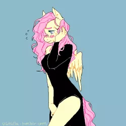 Size: 512x512 | Tagged: anthro, artist:silkytea-cafe, artist:v6nilla, binary brush, black dress, blushing, breasts, clothes, colored, covering crotch, derpibooru import, dress, exposed shoulders, exposed thighs, female, floppy ears, fluttershy, hips, long dress, long hair, long mane, looking away, looking down, mare, maxi dress, messy hair, messy mane, messy tail, pegasus, pixel art, scrunchy face, shoulders, shy, side slit, solo, solo female, suggestive, sweat, thighs