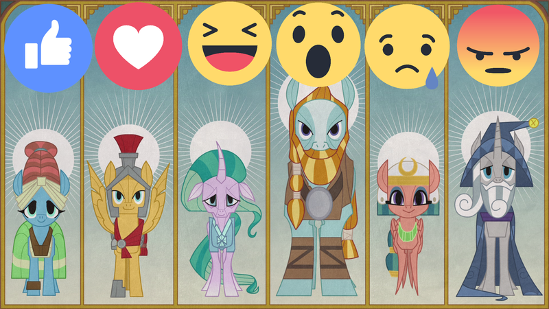 Size: 1967x1106 | Tagged: background pony strikes again, derpibooru import, emoji, facebook, facebook reactions, flash magnus, meadowbrook, mistmane, pillars of equestria, rockhoof, safe, shadow play, somnambula, star swirl the bearded