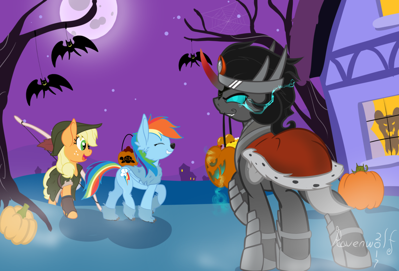 Size: 1024x696 | Tagged: safe, artist:humble-ravenwolf, derpibooru import, applejack, king sombra, rainbow dash, oc, oc:ravenhoof, bat, earth pony, ghost, hengstwolf, pegasus, pony, werewolf, fake bats, halloween, halloween 2017, holiday, nightmare night, pumpkin, pumpkin bucket, robin hood, sombra eyes, trick or treat