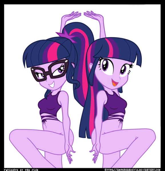 Size: 1292x1341 | Tagged: questionable, artist:ampersandxyz, derpibooru import, edit, sci-twi, twilight sparkle, equestria girls, belly button, bottomless, breasts, clothes, duo, duo female, female, partial nudity, show accurate, show accurate porn, twolight