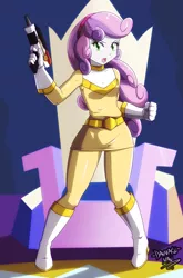 Size: 2312x3500 | Tagged: safe, artist:danmakuman, derpibooru import, sweetie belle, equestria girls, chouriki sentai ohranger, clothes, commission, costume, female, gun, looking at you, open mouth, power rangers, power rangers zeo, solo, super sentai, twilight's castle, weapon, yellow ranger