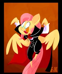Size: 1824x2173 | Tagged: artist:fluttershythekind, clothes, costume, derpibooru import, fangs, female, fluttershy, flying, mare, safe, solo, spread wings, vampire, vampony, wings