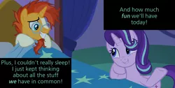 Size: 3242x1638 | Tagged: bed, blanket, caption, creepy, curtains, cute, derpibooru import, edit, edited screencap, excited, gritted teeth, happy, head tilt, hoof on chin, looking at each other, messy mane, nervous, night, pillow, safe, screencap, sheet, smiling, starlight glimmer, stars, sunburst, text, twilight's castle, uncommon bond