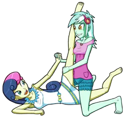 Size: 3096x2952 | Tagged: suggestive, artist:artemis-polara, derpibooru import, bon bon, lyra heartstrings, sweetie drops, equestria girls, armpits, barefoot, clothes, feet, female, holding hands, lesbian, lyrabon, shipping