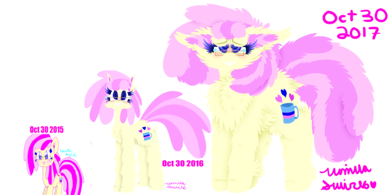 Size: 1024x509 | Tagged: safe, artist:vanillaswirl6, derpibooru import, oc, oc:vanilla swirl, unofficial characters only, earth pony, pony, blushing, dock, female, fluffy, glasses, improvement, mare, progression, redraw, simple background, smiling, solo, transparent background