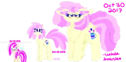 Size: 1024x509 | Tagged: safe, artist:vanillaswirl6, derpibooru import, oc, oc:vanilla swirl, unofficial characters only, earth pony, pony, blushing, dock, female, fluffy, glasses, improvement, mare, progression, redraw, simple background, smiling, solo, transparent background