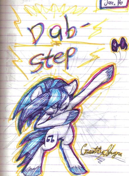 Size: 1024x1399 | Tagged: artist:creatrix-shyra, dab, dank, derpibooru import, dubstep, lined paper, pun, safe, solo, traditional art, vinyl scratch