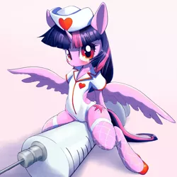 Size: 2000x2000 | Tagged: suggestive, artist:unousaya, derpibooru import, twilight sparkle, twilight sparkle (alicorn), alicorn, pony, semi-anthro, butt wings, female, fishnets, giant syringe, looking at you, mare, nurse outfit, solo, solo female, syringe