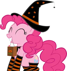 Size: 4223x4505 | Tagged: safe, artist:ironm17, derpibooru import, pinkie pie, earth pony, pony, spider, absurd resolution, bag, bandana, candy, clothes, costume, eyes closed, female, food, grin, halloween, halloween costume, happy, hat, holiday, jack-o-lantern, mare, mouth hold, pumpkin, simple background, smiling, socks, solo, striped socks, transparent background, vector, witch, witch hat