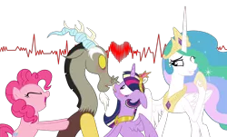 Size: 5405x3267 | Tagged: safe, artist:smallbluetiger, derpibooru import, discord, pinkie pie, princess celestia, twilight sparkle, twilight sparkle (alicorn), alicorn, pony, big crown thingy, celestia the shipper, discolight, electrocardiogram, female, heart, high res, horseshoes, jewelry, male, pinkie the shipper, regalia, shipper on deck, shipping, simple background, straight, transparent background