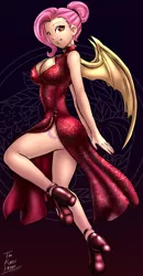 Size: 1560x3000 | Tagged: suggestive, artist:dakuroihoshi, derpibooru import, fluttershy, bat pony, human, alternate hairstyle, big breasts, breasts, busty fluttershy, cheongsam, cleavage, clothes, cutie mark, dress, female, flutterbat, high heels, humanized, legs, looking at you, race swap, red eyes, shoes, side slit, smiling, solo, solo female, stupid sexy flutterbat, stupid sexy fluttershy