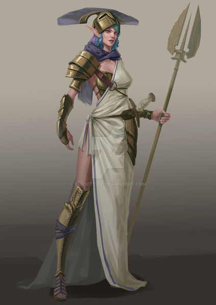 Size: 1024x1448 | Tagged: armor, artist:sunset tide, derpibooru import, elf, female, gladiator, greece, greek helmet, human, humanized, light elf, princess celestia, safe, solo, staff, unicorns as elves, warrior celestia, watermark, weapon