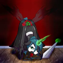 Size: 1024x1024 | Tagged: artist:jessicanyuchi, artist:syncbanned, clothes, collaboration, costume, derpibooru import, flower, halloween, halloween costume, holiday, magic, mask, nightmare night, nightmare night costume, phantom of the opera, queen chrysalis, rose, safe, solo, sword, weapon, wooden floor