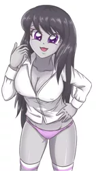 Size: 2289x4068 | Tagged: suggestive, artist:sumin6301, derpibooru import, octavia melody, equestria girls, adorasexy, breasts, busty octavia, cleavage, clothes, cute, erect nipples, female, looking at you, nipple outline, panties, pink underwear, sexy, shirt, simple background, smiling, solo, solo female, stupid sexy octavia, underwear, white background