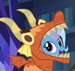 Size: 284x268 | Tagged: safe, derpibooru import, screencap, trixie, pony, unicorn, uncommon bond, clothes, costume, cropped, cute, diatrixes, dragon costume, female, glowing horn, looking at you, magic, mare, open mouth, smiling, solo, telekinesis