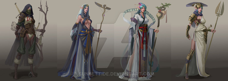 Size: 1024x363 | Tagged: air elf, archer, archmage, armor, artist:sunset tide, bow, chinese text, compilation, derpibooru import, egyptian, elf, gradient background, greek helmet, hairpin, human, humanized, light elf, mage, princess celestia, safe, sand elf, spear, staff, sword, unicorns as elves, wadjet, watermark, weapon, wood elf