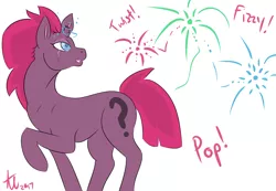 Size: 6771x4688 | Tagged: safe, artist:ouijasmolakefia, derpibooru import, fizzlepop berrytwist, tempest shadow, pony, unicorn, my little pony: the movie, absurd resolution, broken horn, eye scar, fireworks, fizzlepop's fireworks, magic, question mark, raised hoof, scar, simple background, solo, sparking horn, white background