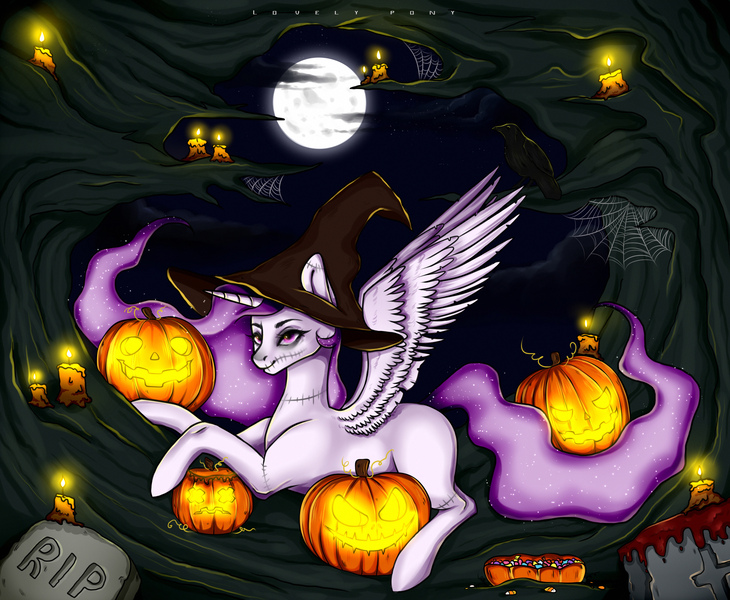 Size: 2593x2131 | Tagged: safe, artist:lovely-pony, derpibooru import, princess celestia, alicorn, pony, princess molestia, candle, female, full moon, halloween, hat, holiday, jack-o-lantern, mare, moon, night, pumpkin, solo, tree, witch hat