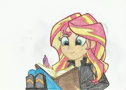 Size: 2336x1660 | Tagged: safe, artist:cybertronianbrony, derpibooru import, sunset shimmer, equestria girls, friendship games, clothes, cute, female, jacket, journal, leather jacket, pants, pen, scene interpretation, shimmerbetes, simple background, sitting, smiling, solo, traditional art, white background