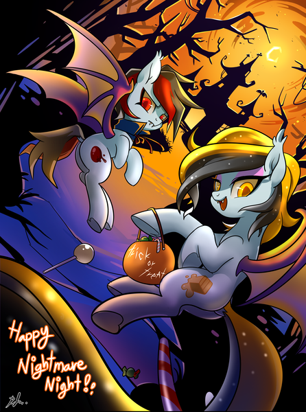 Size: 2600x3500 | Tagged: safe, artist:renokim, derpibooru import, oc, oc:bloody fudge, oc:melt caramel, unofficial characters only, bat pony, pony, bat pony oc, candy, castle, crescent moon, female, food, halloween, holiday, looking back, mare, moon, pumpkin bucket, smiling, tree