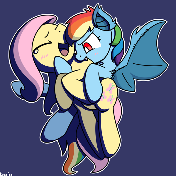 Size: 1200x1200 | Tagged: safe, artist:kemofoo, derpibooru import, fluttershy, rainbow dash, bat pony, vampire, biting, blushing, clothes, costume, fake wings, female, flutterdash, flying, halloween, halloween costume, holiday, laughing, lesbian, rainbowbat, shipping, tape