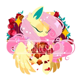 Size: 1200x1200 | Tagged: safe, artist:snow angel, derpibooru import, fluttershy, pegasus, pony, eyes closed, female, flower, mare, smiling, solo