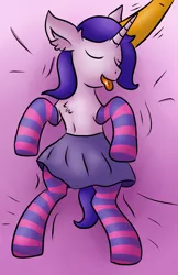 Size: 1392x2143 | Tagged: safe, artist:raktor, derpibooru import, oc, oc:northern flame, unofficial characters only, pony, unicorn, chest fluff, clothes, crossdressing, ear fluff, ear scratch, eyes closed, femboy, male, offscreen character, on back, pet play, skirt, socks, stallion, striped socks, tongue out