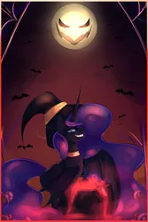 Size: 1000x1500 | Tagged: safe, artist:nutellaakanutella, derpibooru import, nightmare moon, alicorn, bat, pony, cauldron, female, full moon, grin, hat, mare, moon, smiling, solo, witch hat