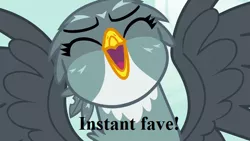 Size: 640x360 | Tagged: safe, derpibooru import, edit, edited screencap, screencap, gabby, gryphon, the fault in our cutie marks, bust, cute, eyes closed, gabbybetes, happy, open mouth, portrait, reaction image, solo