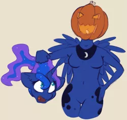 Size: 999x947 | Tagged: alicorn, anthro, artist:marsminer, breasts, brown background, derpibooru import, featureless breasts, female, halloween, hand on hip, headless, head swap, holiday, jack-o-lantern, luna module, modular, princess luna, pumpkin, simple background, solo, solo female, suggestive