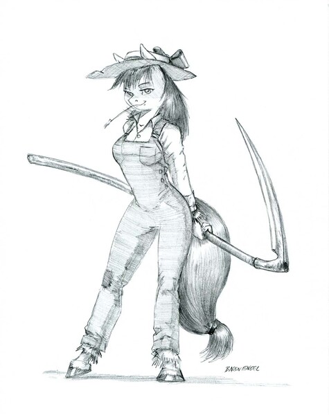 Size: 1100x1389 | Tagged: safe, artist:baron engel, derpibooru import, apple bloom, anthro, earth pony, unguligrade anthro, breasts, busty apple bloom, clothes, female, grayscale, mare, monochrome, older, older apple bloom, pencil drawing, scythe, simple background, sketch, smiling, traditional art, white background