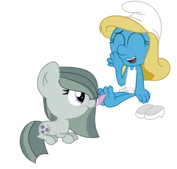 Size: 1584x1516 | Tagged: safe, artist:lauraselenaantonia, derpibooru import, marble pie, pony, adorable face, chibi, crossover, cute, daaaaaaaaaaaw, feather, marblebetes, mouth hold, simple background, smurfette, the smurfs, tickling, transparent background