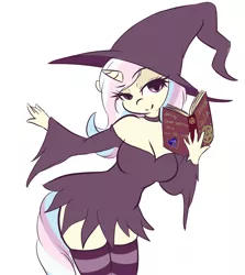 Size: 3835x4303 | Tagged: suggestive, artist:wickedsilly, derpibooru import, oc, oc:pop candy, unofficial characters only, anthro, unicorn, anthro oc, book, breasts, cleavage, female, hat, mare, simple background, smiling, solo, solo female, witch, witch hat