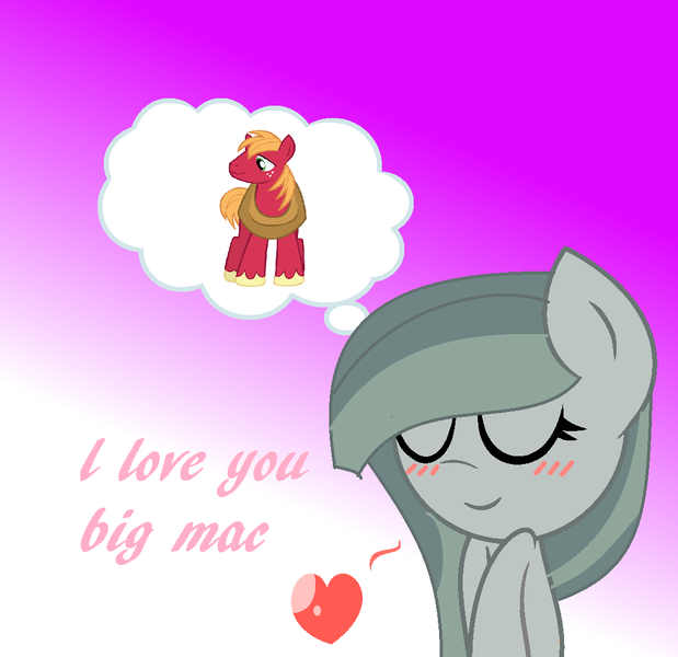 Size: 1090x1056 | Tagged: safe, artist:lauraselenaantonia, derpibooru import, big macintosh, marble pie, pony, female, heart, male, marblemac, shipping, straight, thought bubble