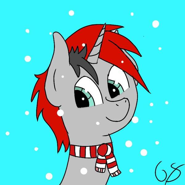 Size: 768x768 | Tagged: artist:gamer-shy, clothes, derpibooru import, grey fur, oc, oc:tenebra solanum, profile picture, safe, scarf, simple background, snow, spikey mane, unofficial characters only, winter