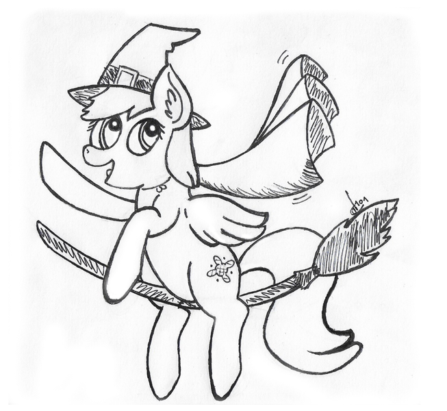 Size: 920x845 | Tagged: safe, artist:darius-101, derpibooru import, oc, unofficial characters only, pegasus, pony, broom, cape, clothes, female, flying, flying broomstick, halloween, hat, holiday, monochrome, solo, witch, witch hat