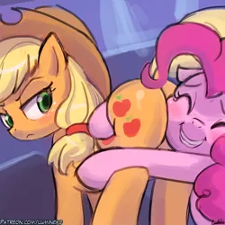 Size: 750x750 | Tagged: safe, artist:lumineko, derpibooru import, applejack, pinkie pie, earth pony, pony, shadow play, applebutt, applejack is not amused, blushing, butt touch, butthug, cowboy hat, cutie mark, dock, eyes closed, faceful of ass, female, freckles, hat, hoof on butt, hug, looking back, mare, pinkie hugging applejack's butt, plot, scene interpretation, smiling, squishy, squishy cheeks, stetson, this will end in pain, unamused