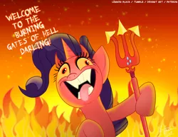 Size: 1300x1000 | Tagged: safe, artist:lennonblack, derpibooru import, rarity, pony, fame and misfortune, cutie mark accessory, darling, derp, devil, devil horns, devil rarity, dialogue, faic, fangs, female, fire, hell, open mouth, solo, tongue out, trident, weapon, why i'm creating a gown darling