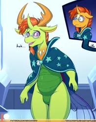 Size: 825x1050 | Tagged: safe, artist:nekocrispy, derpibooru import, sunburst, thorax, anthro, changedling, changeling, unicorn, beard, blushing, cape, clothes, cosplay, costume, curved horn, facial hair, floppy ears, gay, glasses, horn, king thorax, male, open mouth, shipping, stallion, thoraxburst